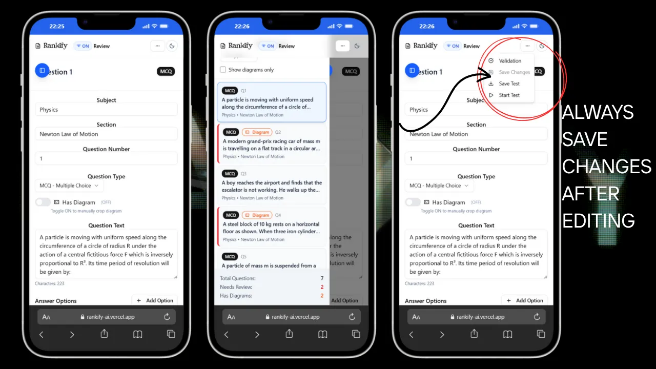 Review Interface with Question Editor Screenshot